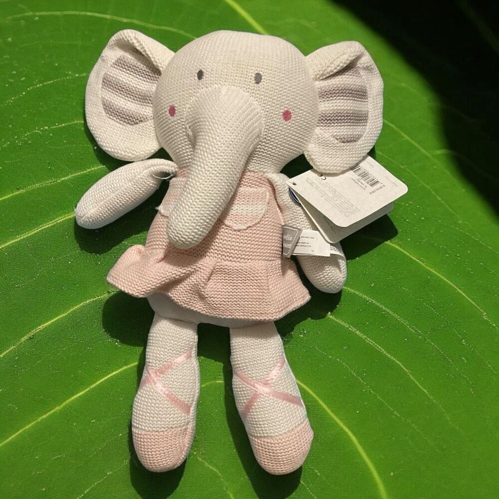 Living Textiles Baby Amelia Elephant PinkWhite Rattle Washable Crochet Knit Toy‎